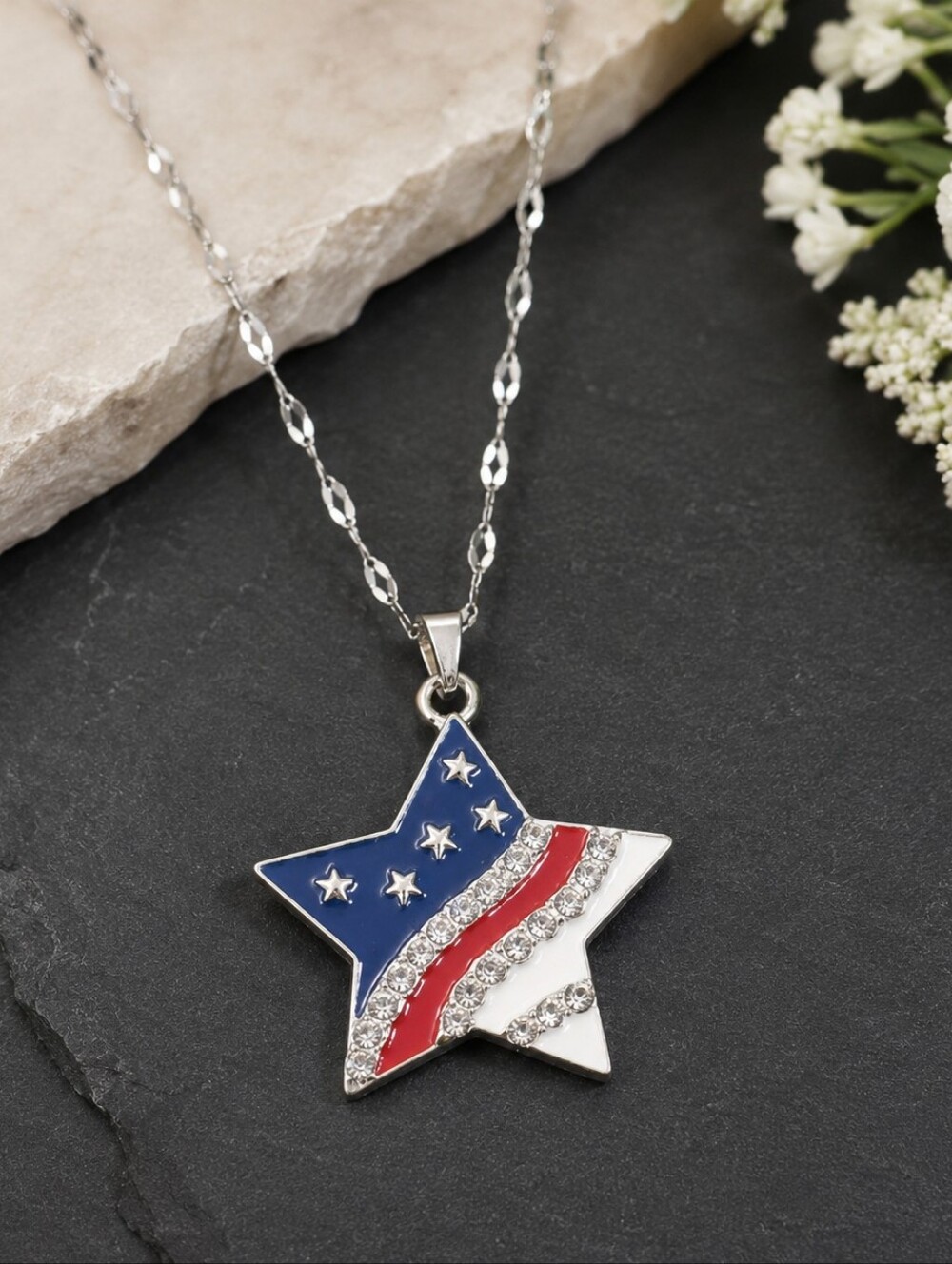 4th of July Star Necklace Red White Blue Rhinestone Pendant Silver Chain
